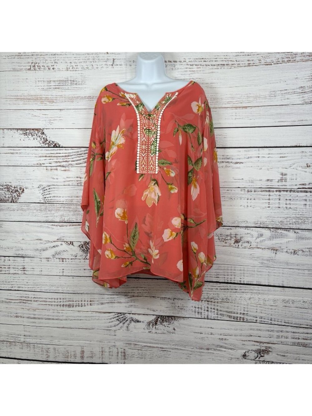 Belle Kim Gravel Coral Magnolia Print Embroidered Sheer Lined Blouse
